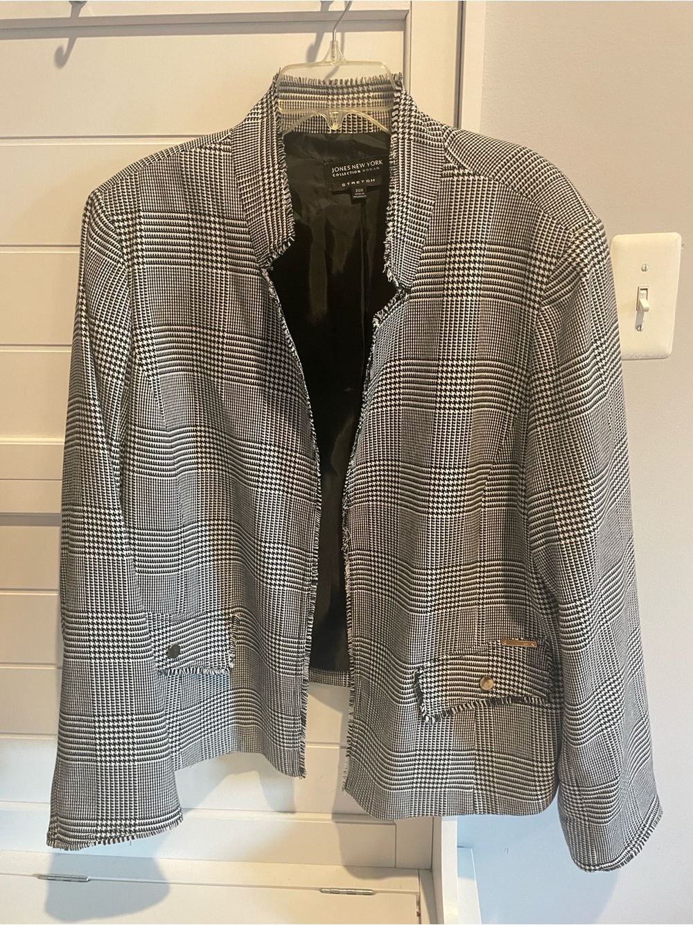 Jones New York 20W Black White Glen Plaid Houndstooth Open-Front fringe trim